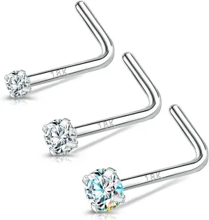 BodyAce 18K White Gold Nose Rings for Women Men, 20g Real Solid 18k Nose Rings Studs, Simulated Diamond Nose Piercing Jewelry 1.5mm 2mm 3mm