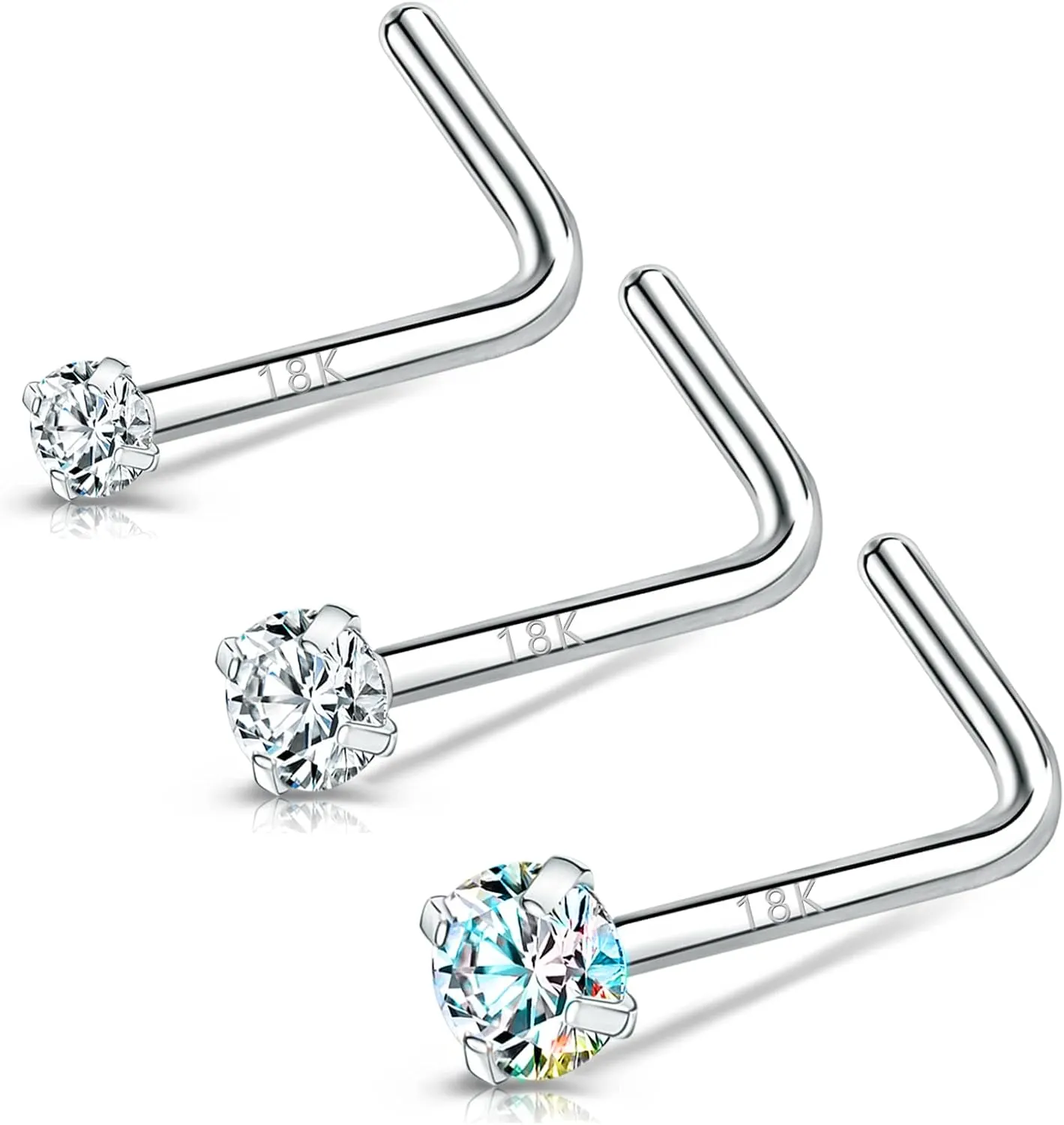 BodyAce 18K White Gold Nose Rings for Women Men, 20g Real Solid 18k Nose Rings Studs, Simulated Diamond Nose Piercing Jewelry 1.5mm 2mm 3mm