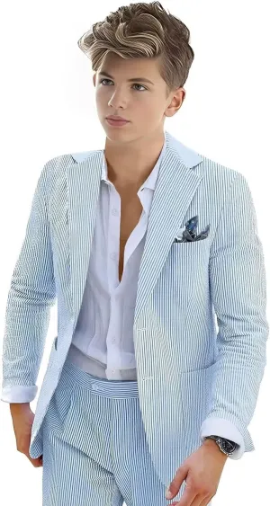 Boys Seersucker Suit 2 Piece Tuxedo for Boys Striped Blazer Pants Boys Summer Beach Wedding Suit