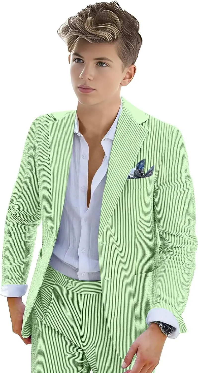 Boys Seersucker Suit 2 Piece Tuxedo for Boys Striped Blazer Pants Boys Summer Beach Wedding Suit