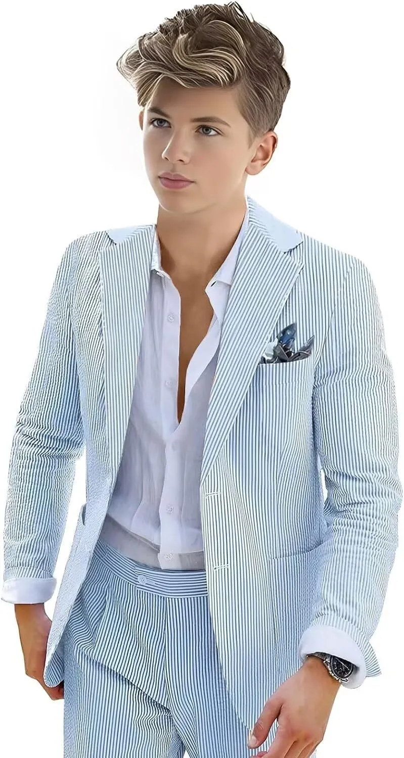 Boys Seersucker Suit 2 Piece Tuxedo for Boys Striped Blazer Pants Boys Summer Beach Wedding Suit