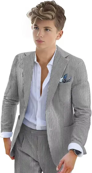 Boys Seersucker Suit 2 Piece Tuxedo for Boys Striped Blazer Pants Boys Summer Beach Wedding Suit