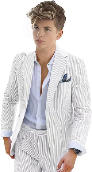 Boys Seersucker Suit 2 Piece Tuxedo for Boys Striped Blazer Pants Boys Summer Beach Wedding Suit