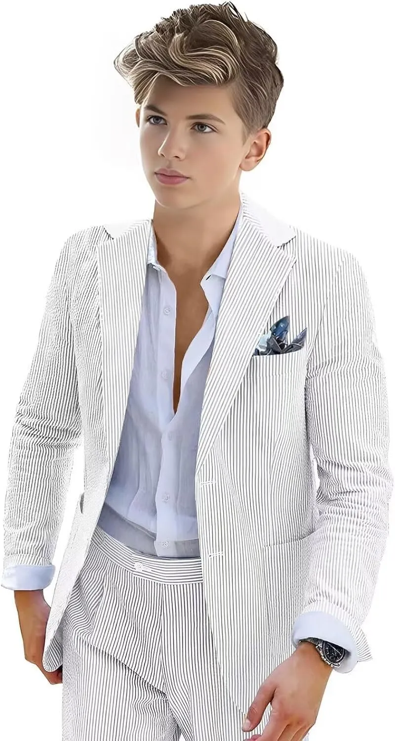 Boys Seersucker Suit 2 Piece Tuxedo for Boys Striped Blazer Pants Boys Summer Beach Wedding Suit