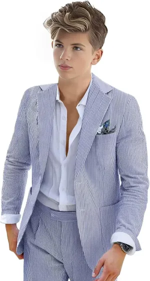 Boys Seersucker Suit 2 Piece Tuxedo for Boys Striped Blazer Pants Boys Summer Beach Wedding Suit