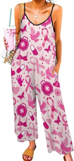 Breast Cancer Awareness Month Suspender Womans Sexy Slings Rompers Sleeveless Jumpsuits Rompers Loose Bow Shoulder