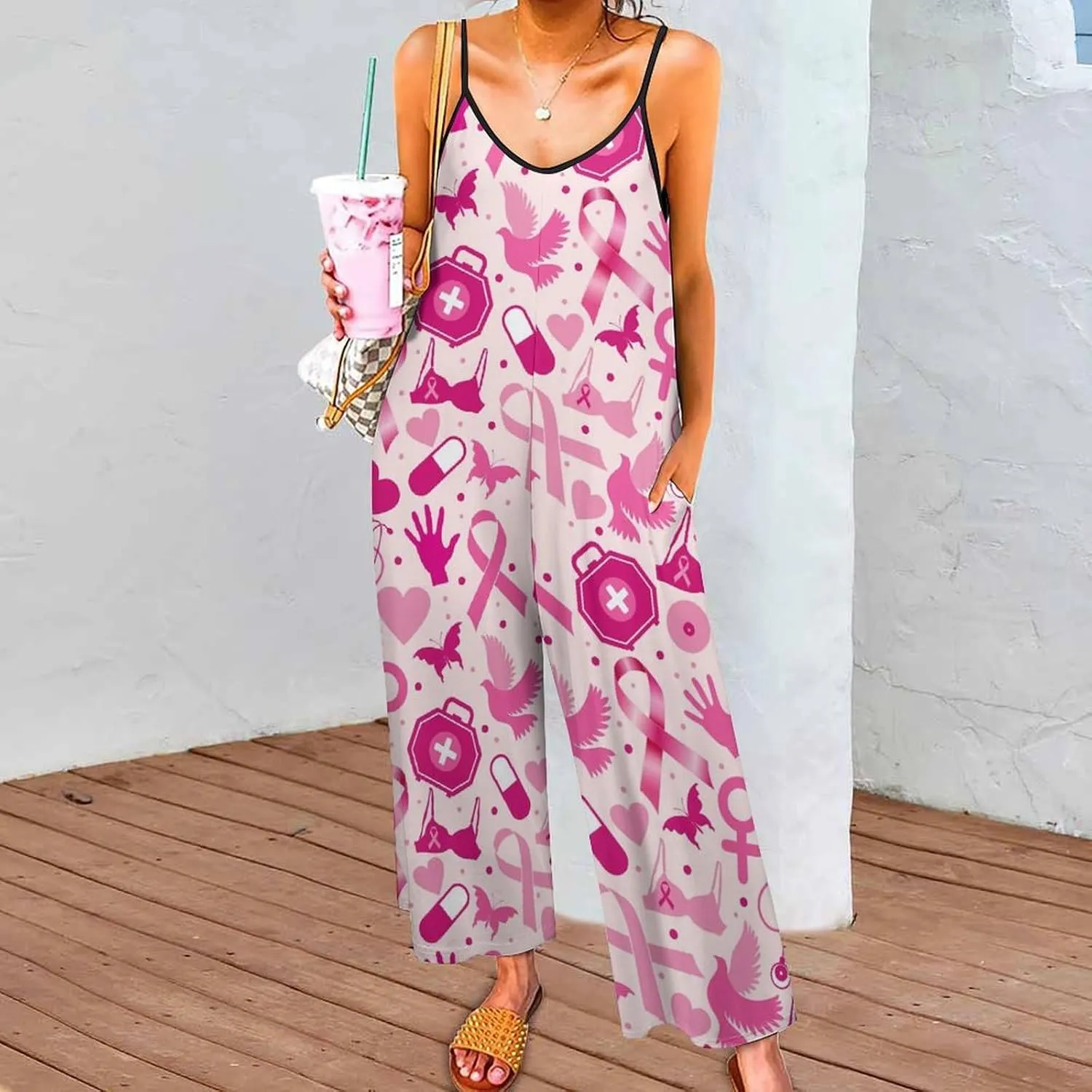 Breast Cancer Awareness Month Suspender Womans Sexy Slings Rompers Sleeveless Jumpsuits Rompers Loose Bow Shoulder