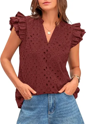 BTFBM Women Summer Eyelet Tops Dressy Casual V Neck Ruffle Cap Sleeve Cotton Boho Shirts Lace Embroidered Blouses 2025