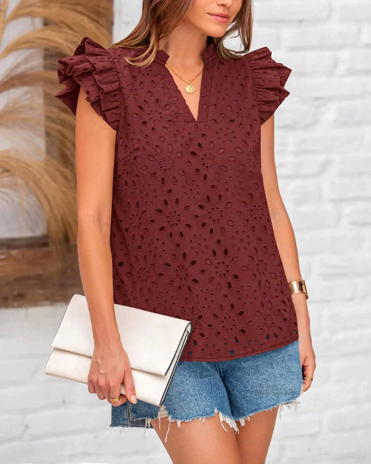 BTFBM Women Summer Eyelet Tops Dressy Casual V Neck Ruffle Cap Sleeve Cotton Boho Shirts Lace Embroidered Blouses 2025