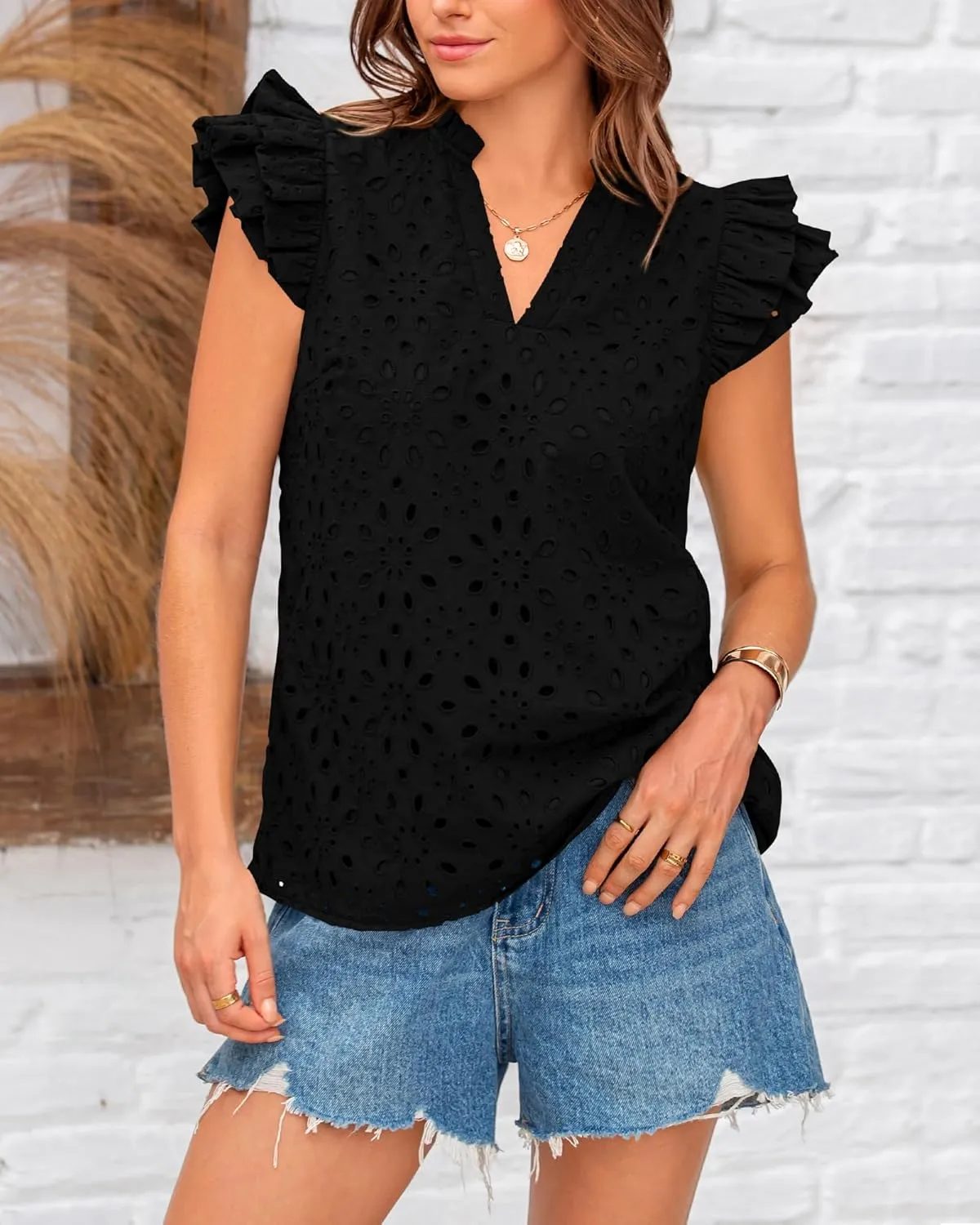 BTFBM Women Summer Eyelet Tops Dressy Casual V Neck Ruffle Cap Sleeve Cotton Boho Shirts Lace Embroidered Blouses 2025