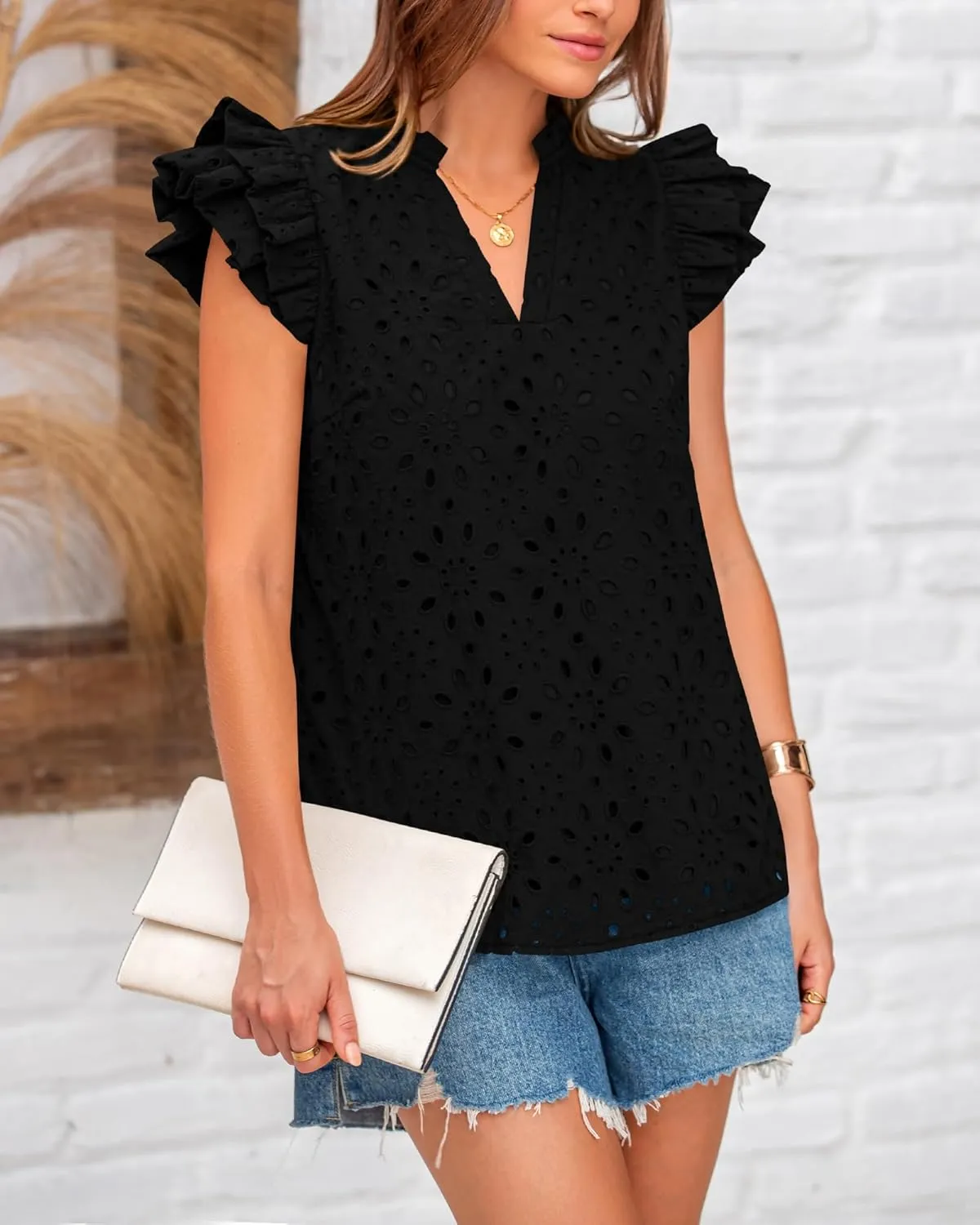 BTFBM Women Summer Eyelet Tops Dressy Casual V Neck Ruffle Cap Sleeve Cotton Boho Shirts Lace Embroidered Blouses 2025