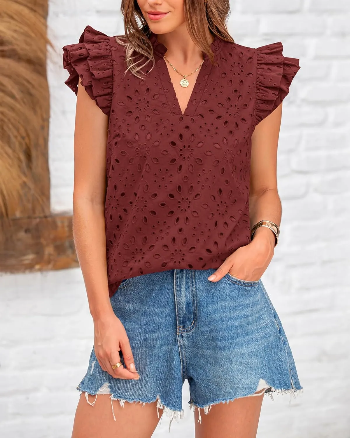 BTFBM Women Summer Eyelet Tops Dressy Casual V Neck Ruffle Cap Sleeve Cotton Boho Shirts Lace Embroidered Blouses 2025