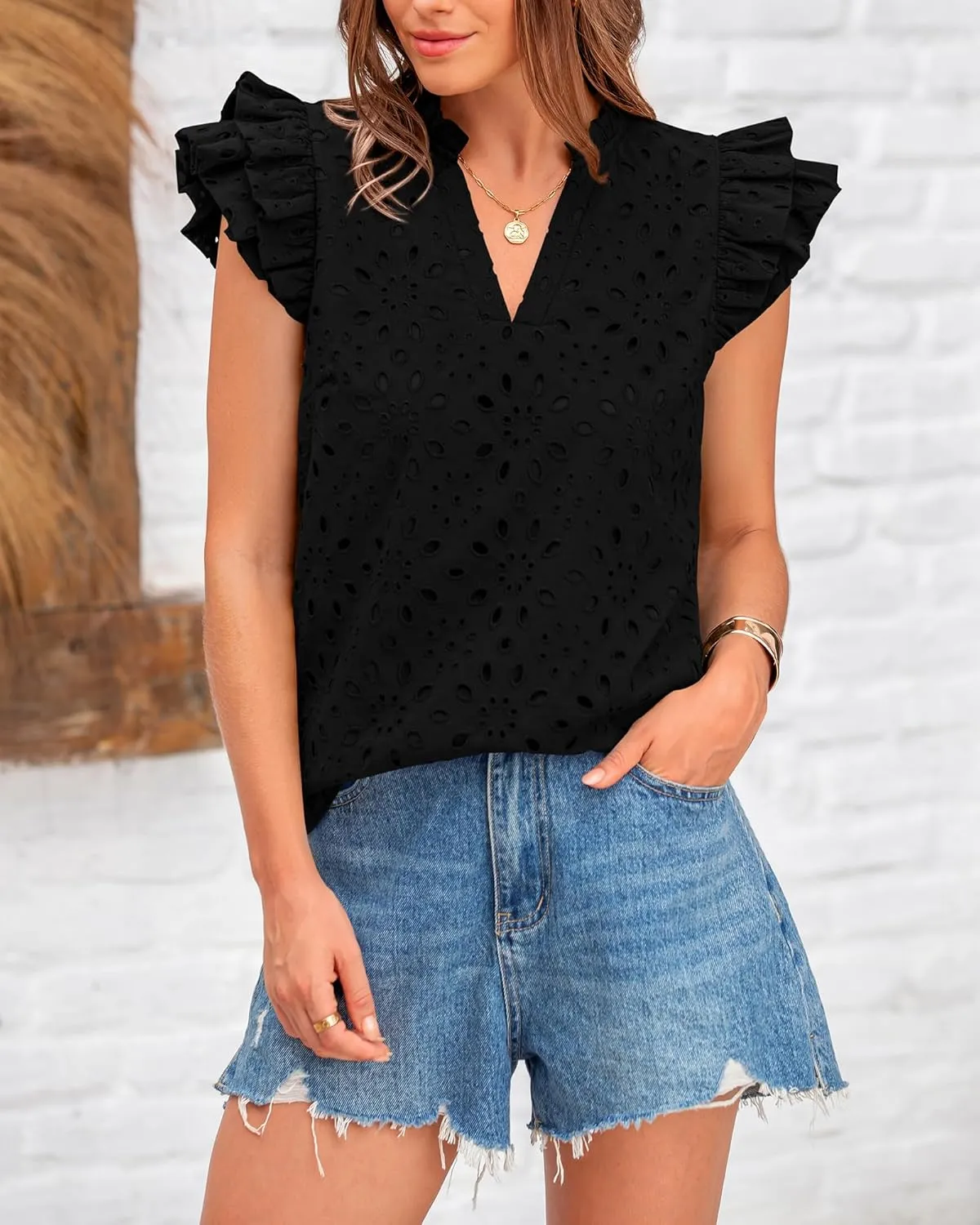 BTFBM Women Summer Eyelet Tops Dressy Casual V Neck Ruffle Cap Sleeve Cotton Boho Shirts Lace Embroidered Blouses 2025