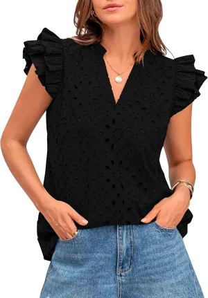 BTFBM Women Summer Eyelet Tops Dressy Casual V Neck Ruffle Cap Sleeve Cotton Boho Shirts Lace Embroidered Blouses 2025
