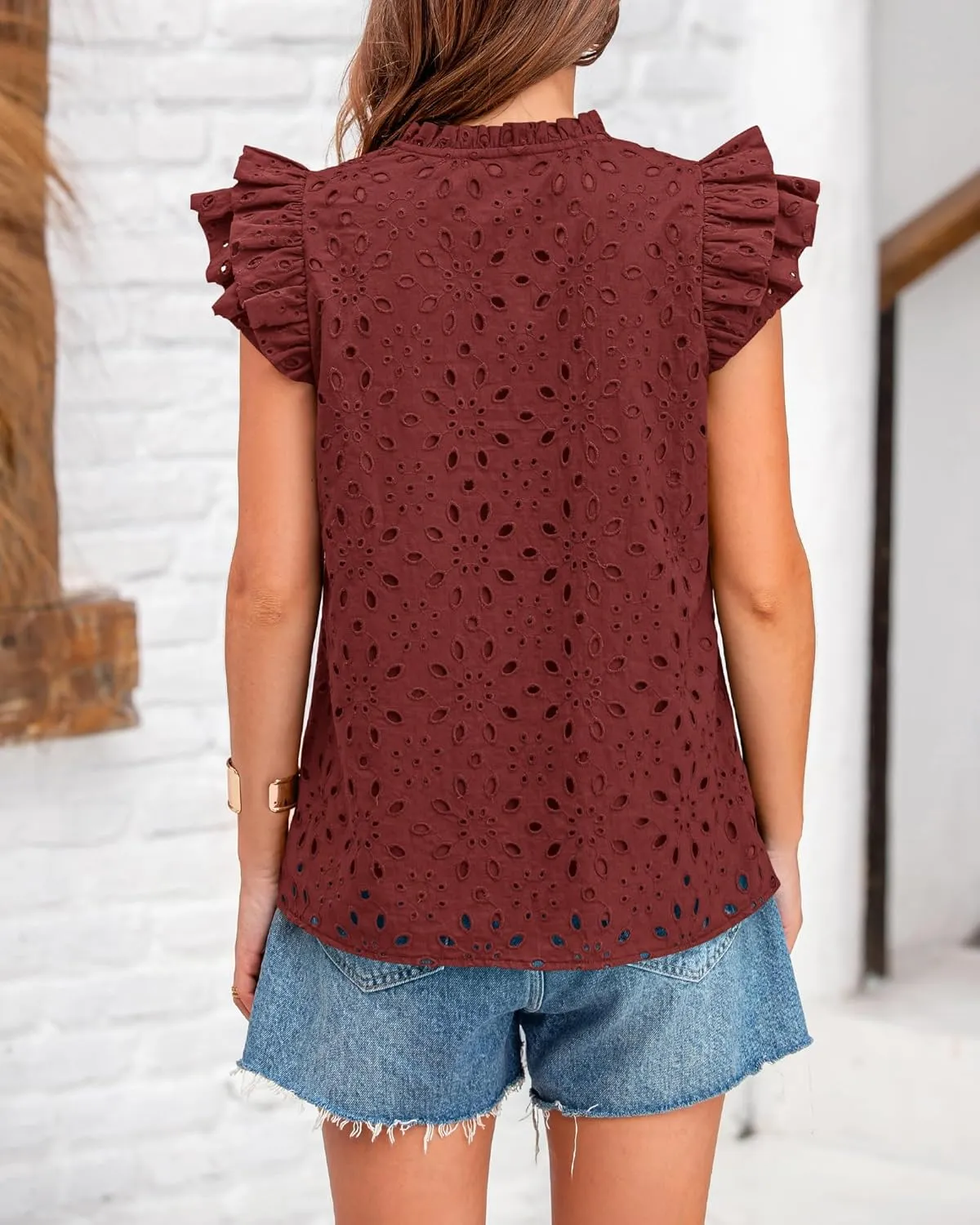 BTFBM Women Summer Eyelet Tops Dressy Casual V Neck Ruffle Cap Sleeve Cotton Boho Shirts Lace Embroidered Blouses 2025