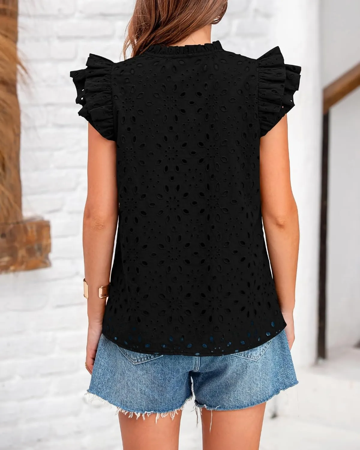 BTFBM Women Summer Eyelet Tops Dressy Casual V Neck Ruffle Cap Sleeve Cotton Boho Shirts Lace Embroidered Blouses 2025