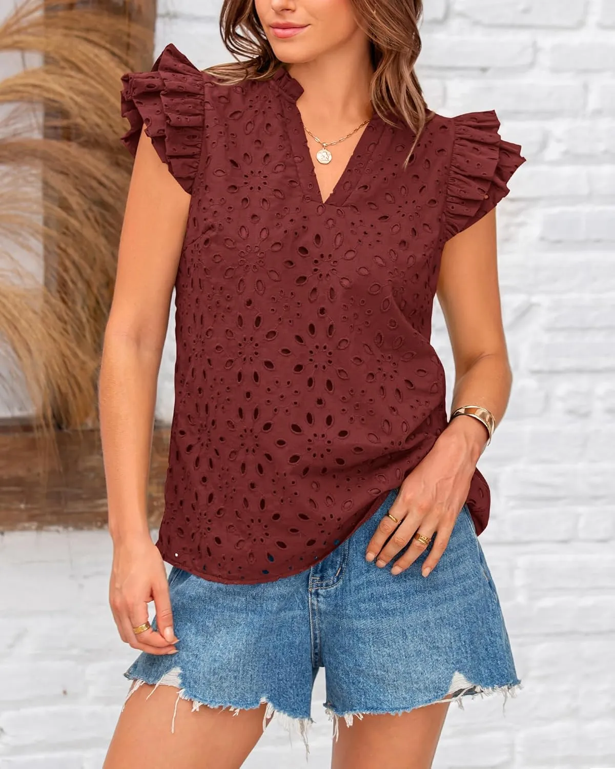 BTFBM Women Summer Eyelet Tops Dressy Casual V Neck Ruffle Cap Sleeve Cotton Boho Shirts Lace Embroidered Blouses 2025