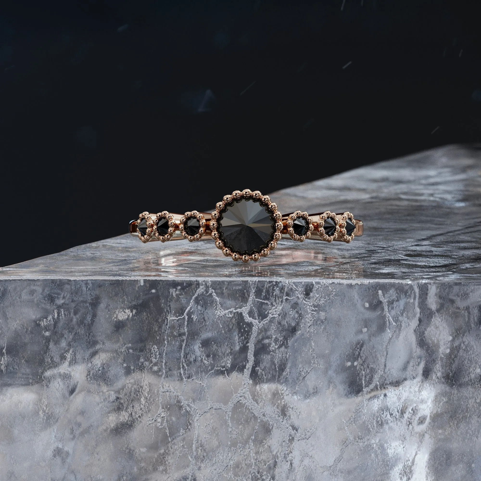 Butterfly  Unique  Natural Black Diamond Round Engagement Ring