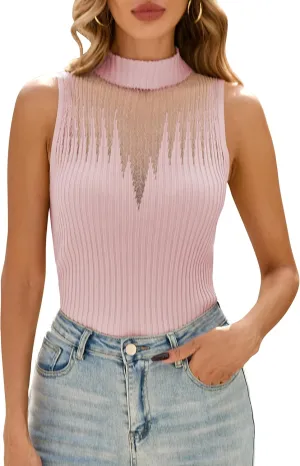 Cakulo Womens Summer Sleeveless Ribbed Tank Tops Sweater Vest 2025 Mock Neck Basic Sheer Knit Top Fitted Shirts