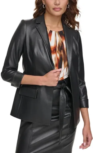 Calvin Klein Womens Faux Leather Jacket, Black, 2