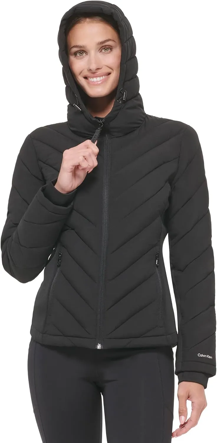 Calvin Klein Women's Scuba Side Panel and Sleeve Detail Adjustable Hood Zip Pocketspuffer