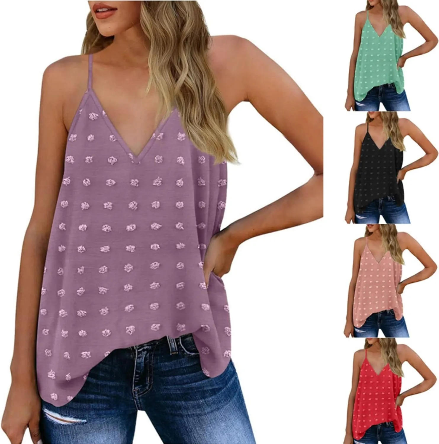 Camisole Tops for Women Adjustable Spaghetti Strap Tank Tops Sleeveless Pom Pom Shirt Casual Flowy Swiss Dot Blouse