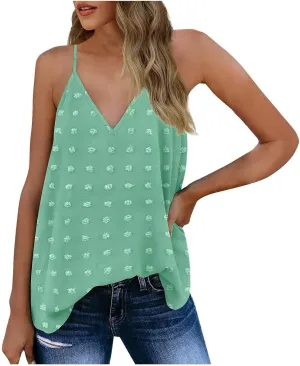 Camisole Tops for Women Adjustable Spaghetti Strap Tank Tops Sleeveless Pom Pom Shirt Casual Flowy Swiss Dot Blouse