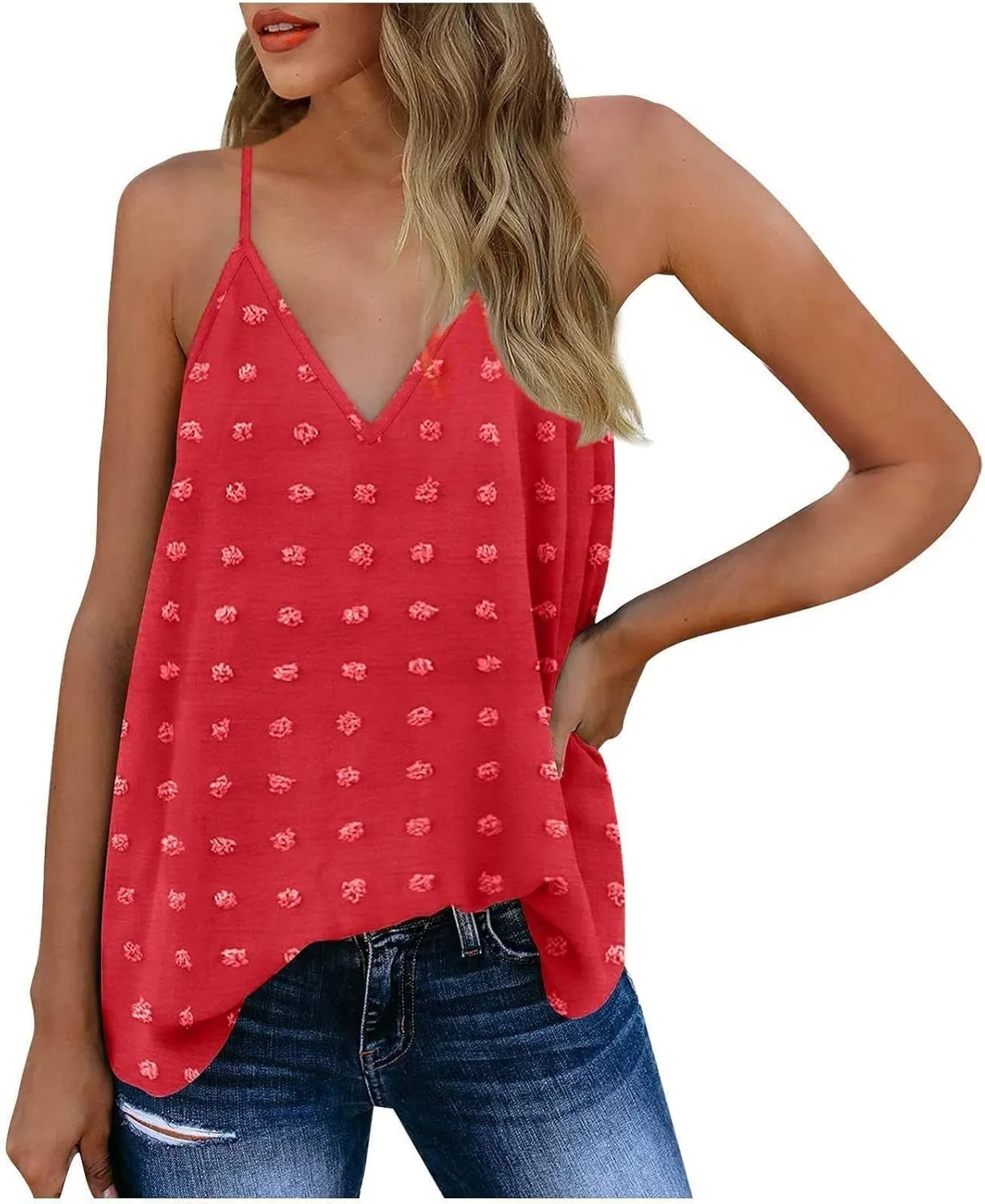 Camisole Tops for Women Adjustable Spaghetti Strap Tank Tops Sleeveless Pom Pom Shirt Casual Flowy Swiss Dot Blouse