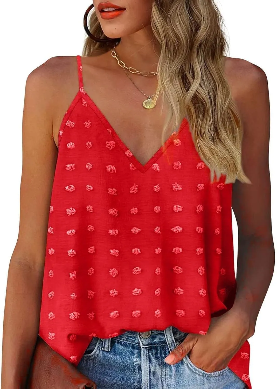 Camisole Tops for Women Adjustable Spaghetti Strap Tank Tops Sleeveless Pom Pom Shirt Casual Flowy Swiss Dot Blouse