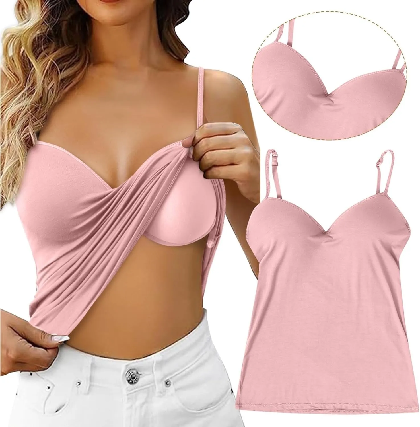 Camisole Tops for Women Built in Bra Summer Beach Vacation Sleeveless Tops Sexy Spaghetti Strap Tank Top Yoga Workout Sports