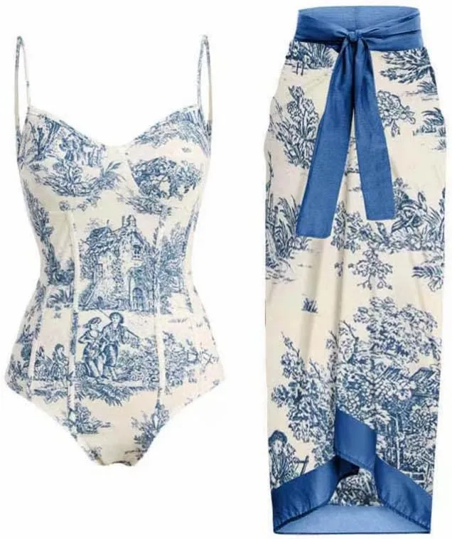 Cbcbtwo Swim Suits for Women 2025 Bathing Suit with Maxi Wrap Skirts 2 PC Floral Print Swimsuit Tummy Control One-Pieces Sets