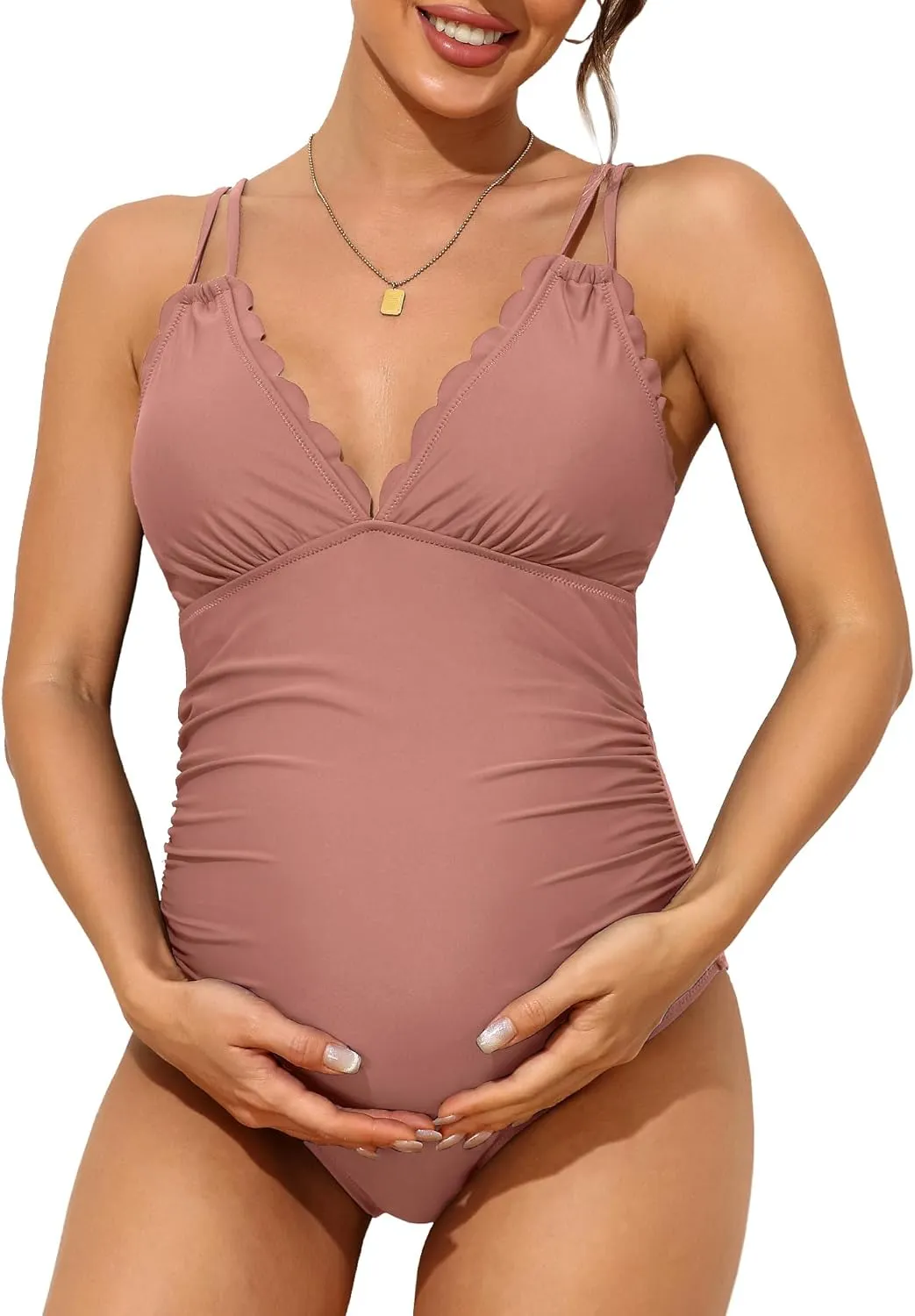 Charmo Scallop Trim Maternity Swimsuit One Piece V Neck Pregnancy Bathing Suit Ruched Swimwear Cutout Tie Back