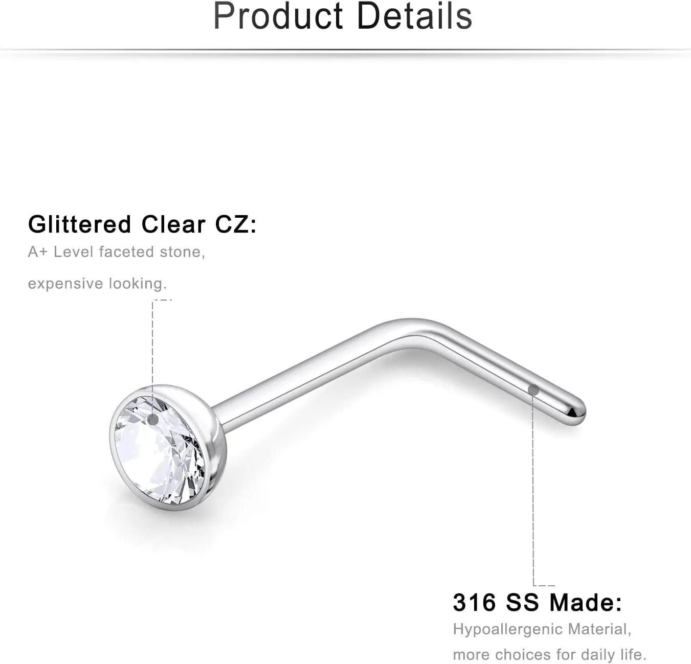 Cisyozi 18G 20G 22G Nose Rings and Studs - 316L Surgical Steel Hypoallergenic Piercing Jewelry for Women Men - L Shaped Straight Nostril Screw - Diamond CZ 1.5mm 2mm 2.5mm 3mm 12Pcs