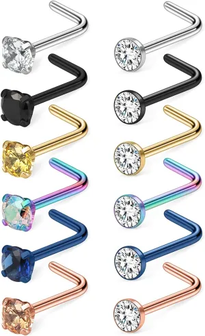 Cisyozi 18G 20G 22G Nose Rings and Studs - 316L Surgical Steel Hypoallergenic Piercing Jewelry for Women Men - L Shaped Straight Nostril Screw - Diamond CZ 1.5mm 2mm 2.5mm 3mm 12Pcs