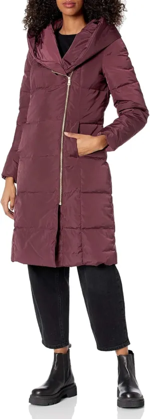 Cole Haan Women's Long Size Zip Hooded Quilted Down Coat