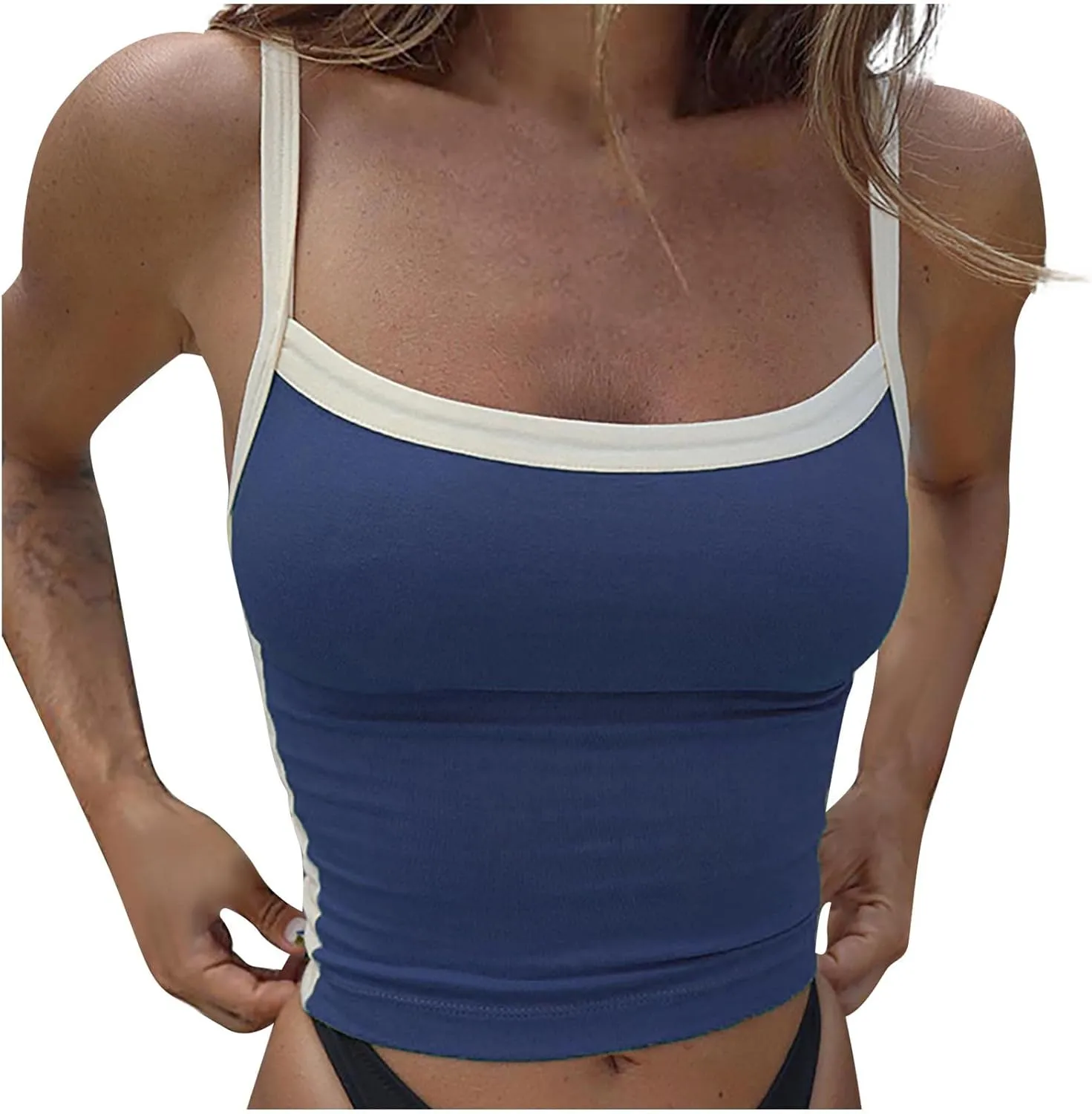 Color Block Tank Tops Women Sleeveless Crop Camisole Casual Slim Cropped Y2k Shirts Trendy Summer Square Neck Tees