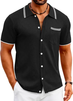 COOFANDY Men's Knit Button Down Shirt Vintage Polo Shirts Short Sleeve Summer Beach Shirts