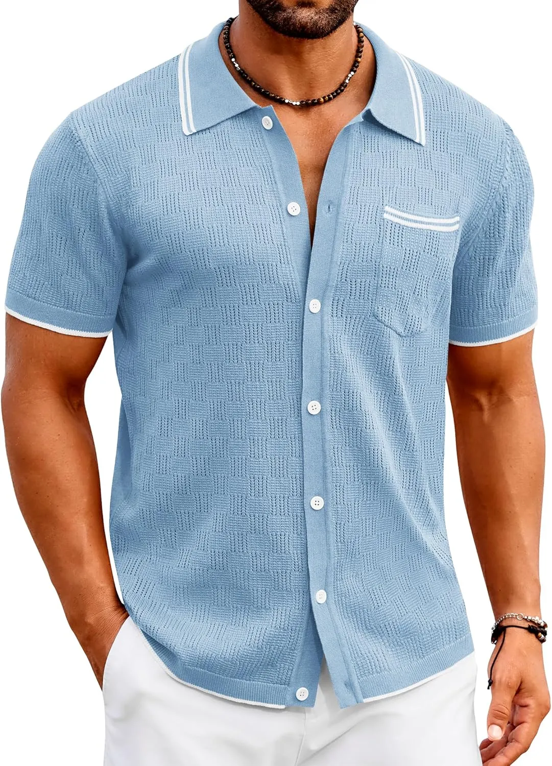 COOFANDY Men's Knit Button Down Shirt Vintage Polo Shirts Short Sleeve Summer Beach Shirts