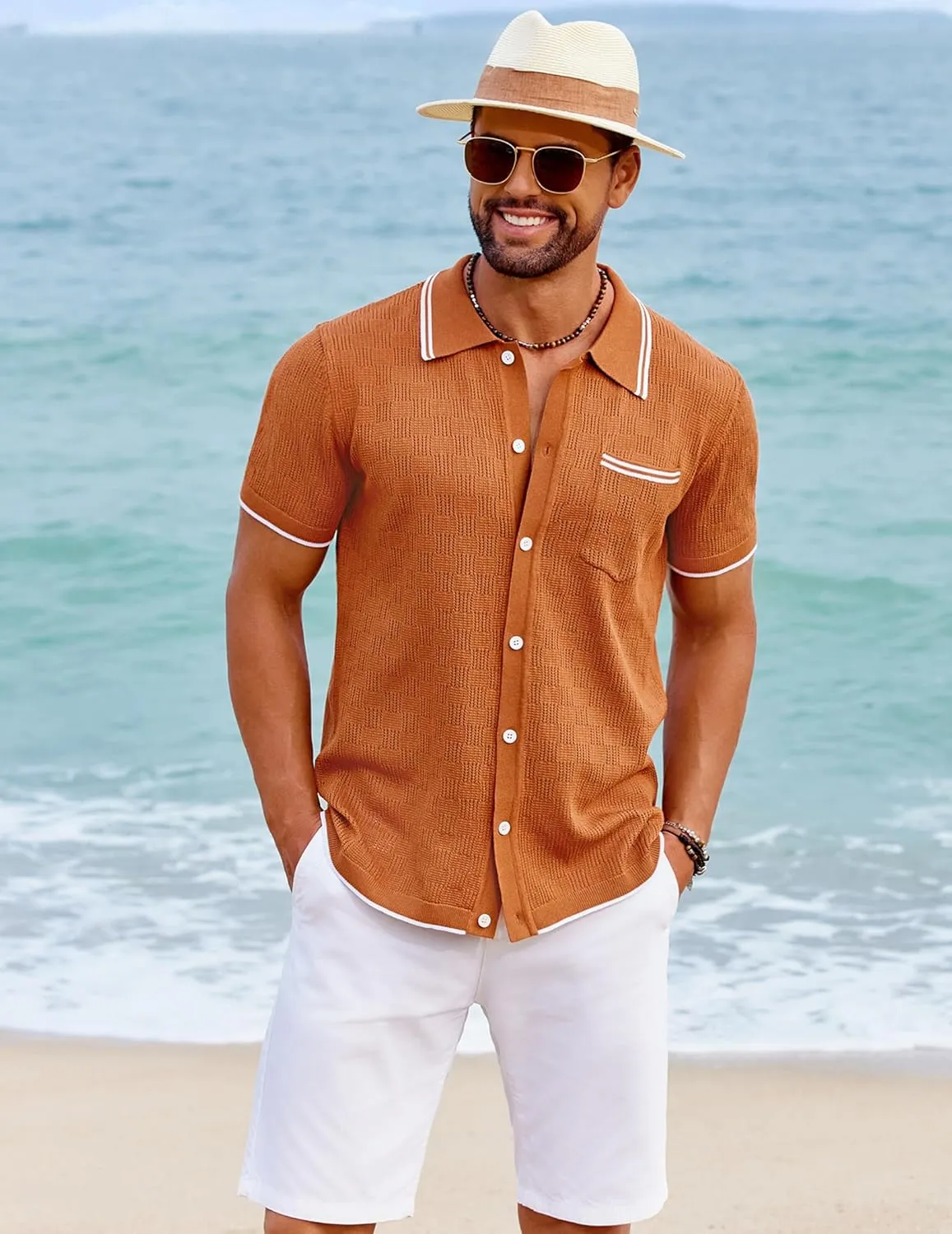 COOFANDY Men's Knit Button Down Shirt Vintage Polo Shirts Short Sleeve Summer Beach Shirts