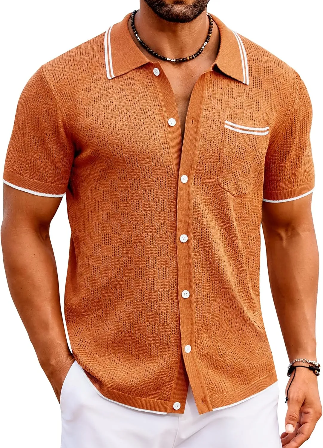COOFANDY Men's Knit Button Down Shirt Vintage Polo Shirts Short Sleeve Summer Beach Shirts