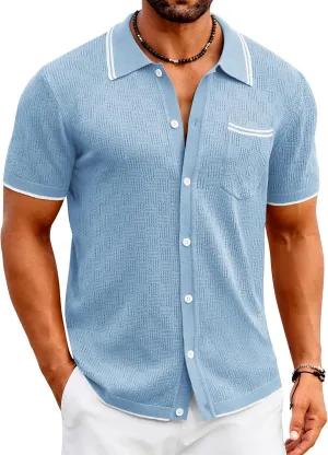 COOFANDY Men's Knit Button Down Shirt Vintage Polo Shirts Short Sleeve Summer Beach Shirts