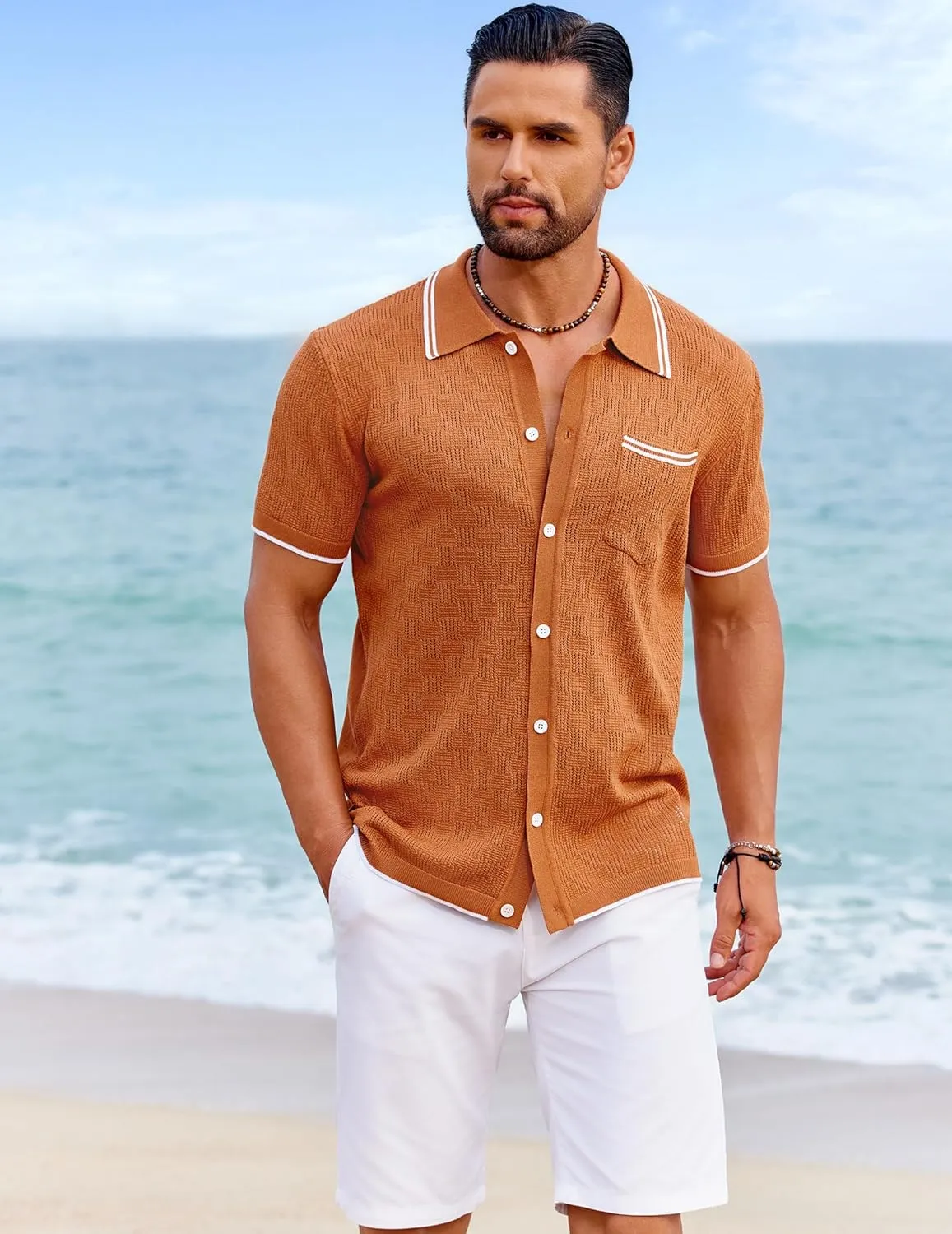 COOFANDY Men's Knit Button Down Shirt Vintage Polo Shirts Short Sleeve Summer Beach Shirts
