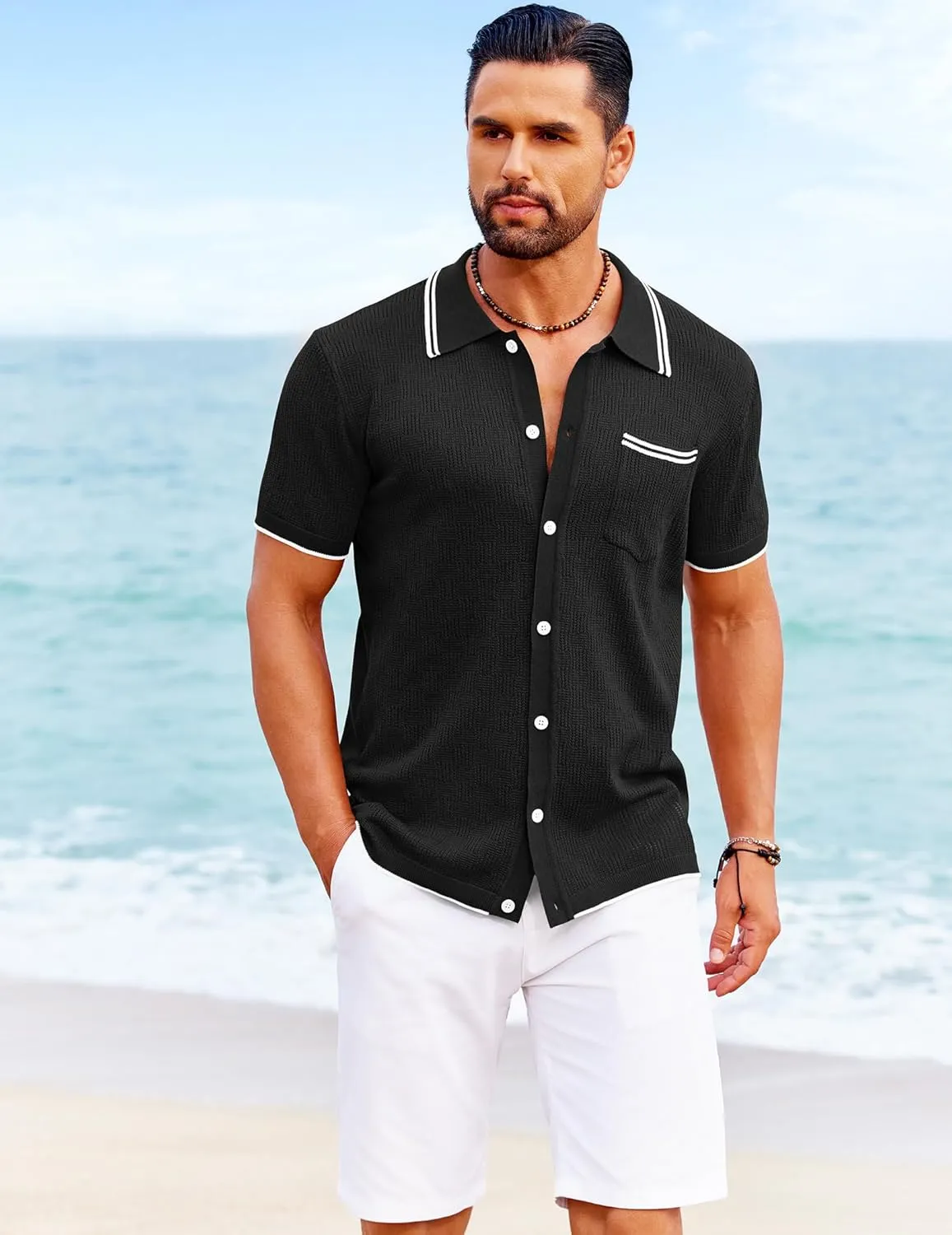 COOFANDY Men's Knit Button Down Shirt Vintage Polo Shirts Short Sleeve Summer Beach Shirts