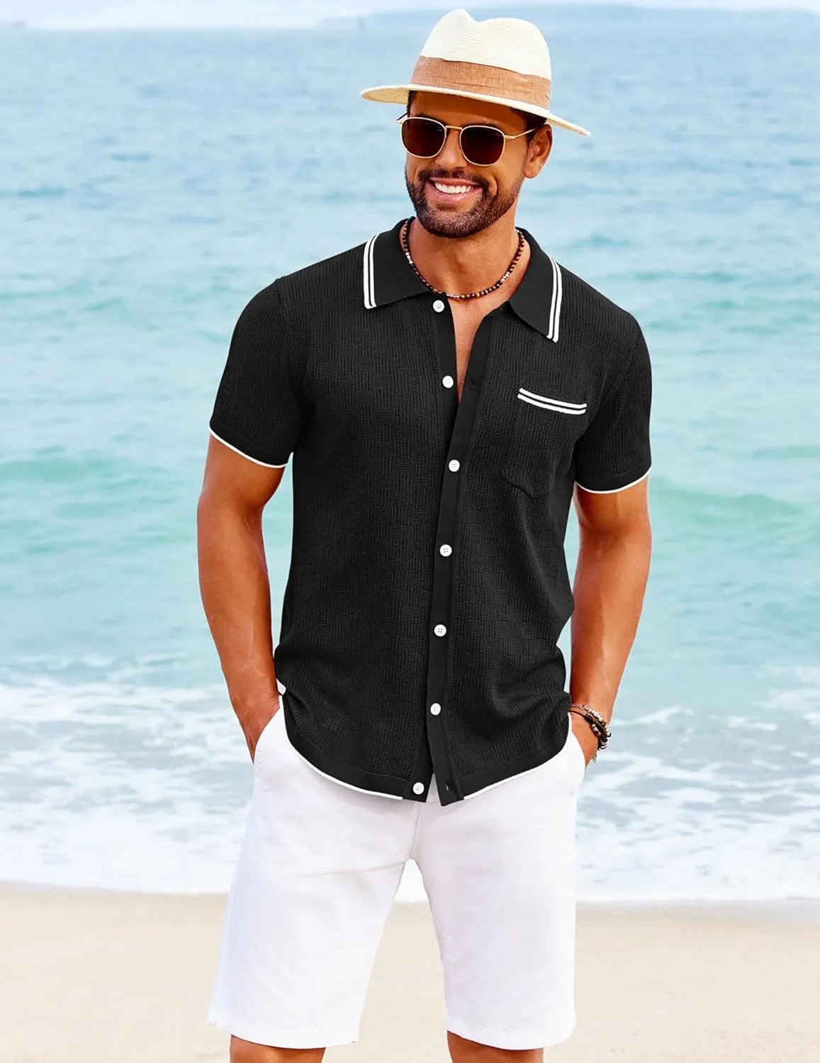 COOFANDY Men's Knit Button Down Shirt Vintage Polo Shirts Short Sleeve Summer Beach Shirts