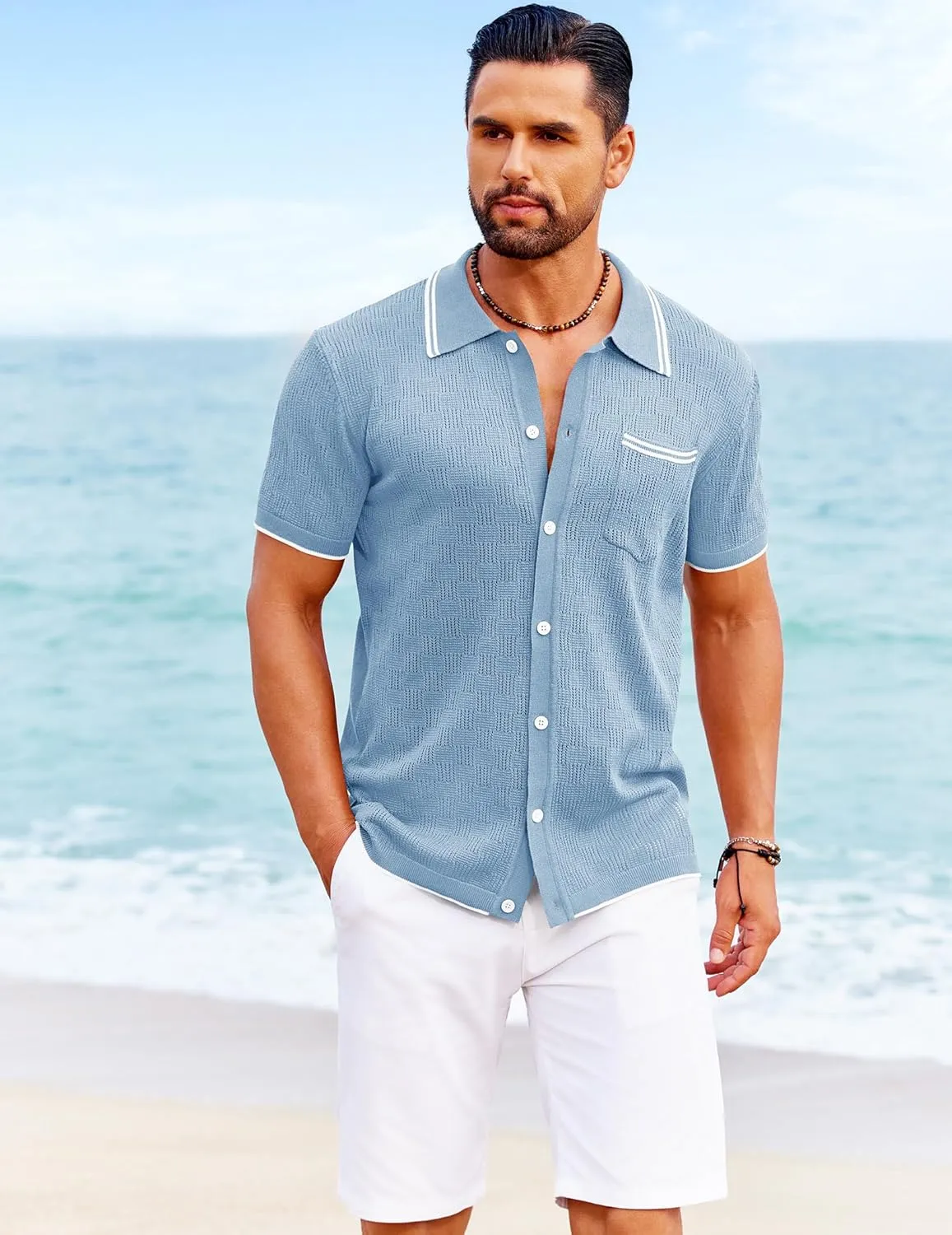 COOFANDY Men's Knit Button Down Shirt Vintage Polo Shirts Short Sleeve Summer Beach Shirts