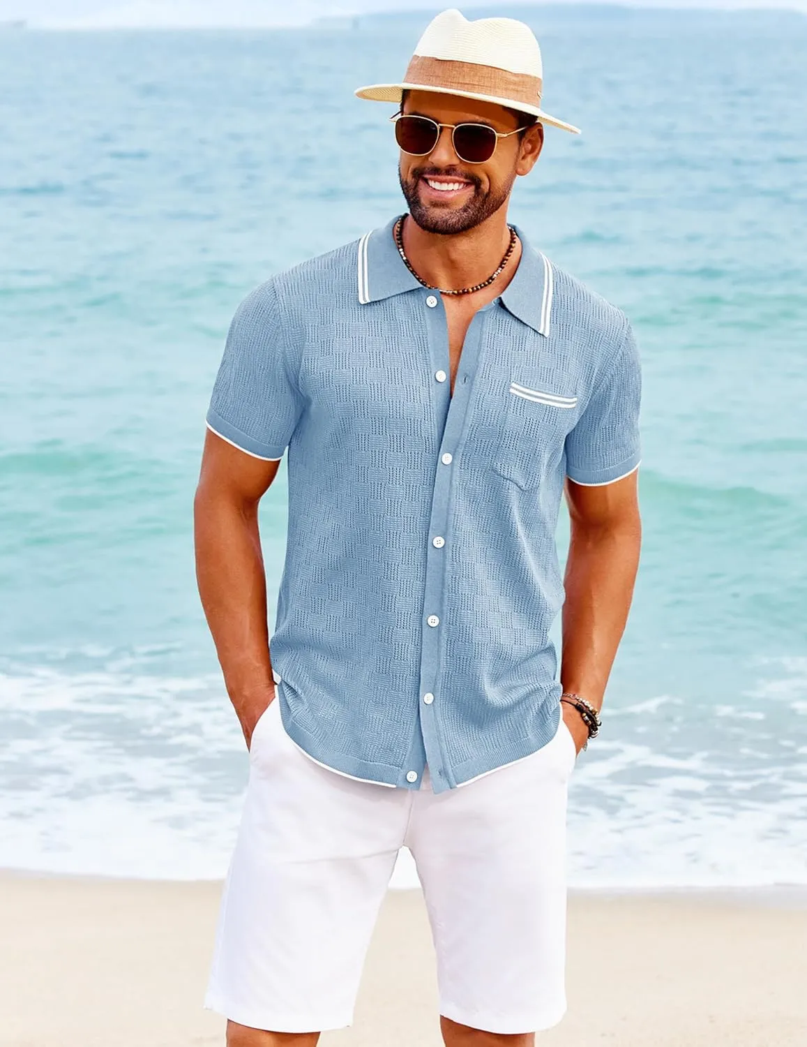 COOFANDY Men's Knit Button Down Shirt Vintage Polo Shirts Short Sleeve Summer Beach Shirts