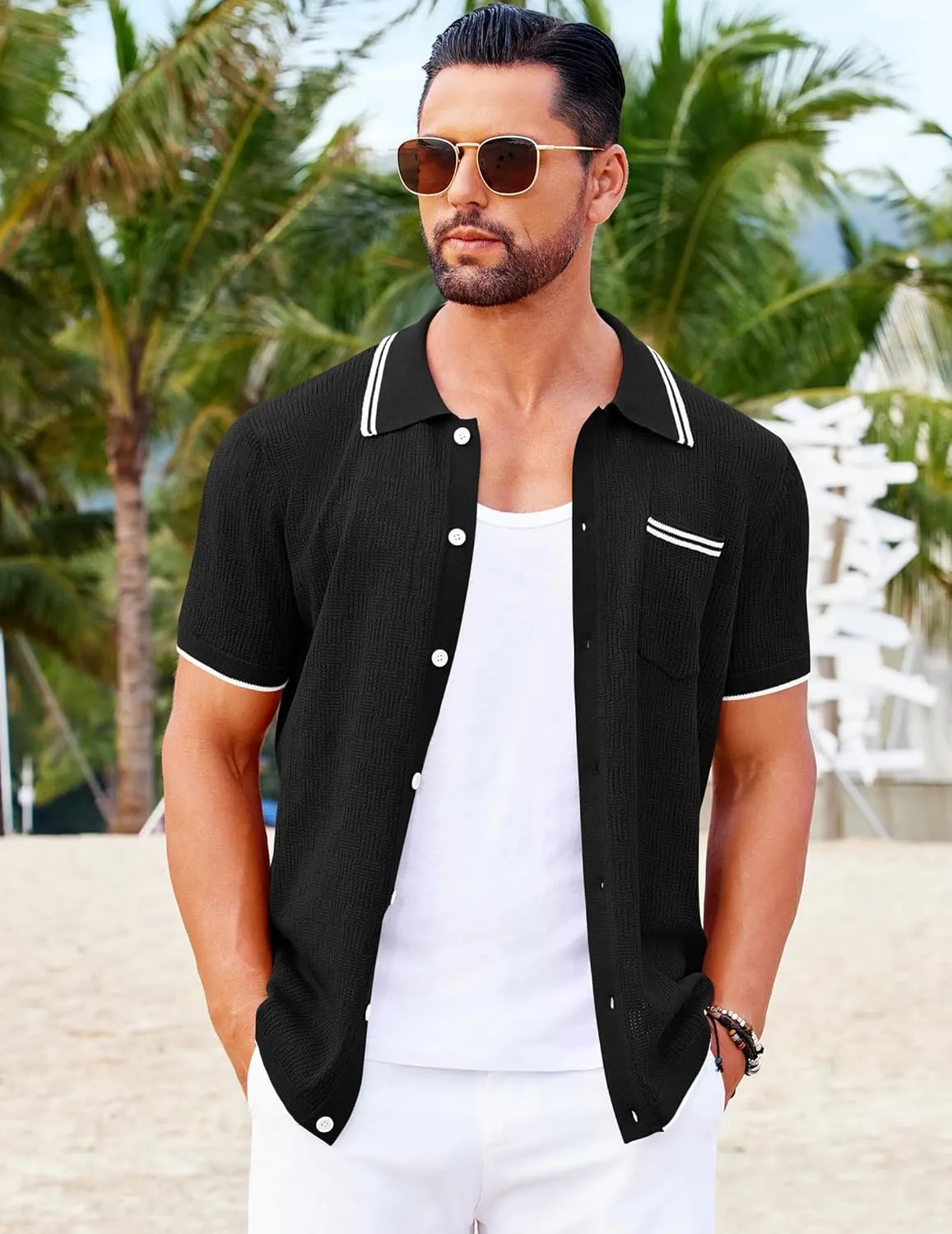 COOFANDY Men's Knit Button Down Shirt Vintage Polo Shirts Short Sleeve Summer Beach Shirts