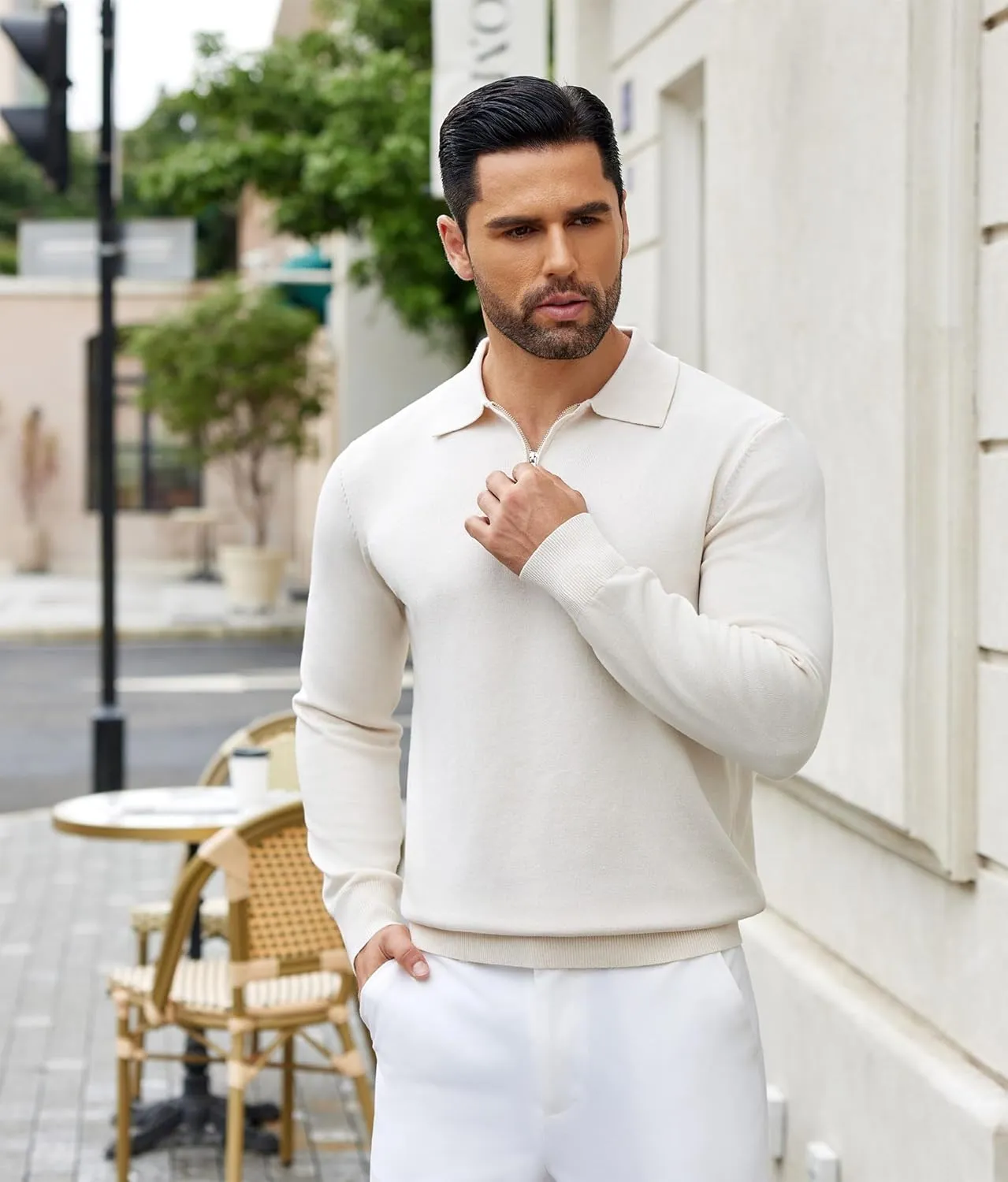 COOFANDY Mens Knit Polo Shirts Casual Long Sleeve Quarter Zip Polo Sweater Classic Golf Shirts