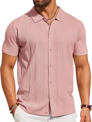 COOFANDY Mens Knit Shirt Short Sleeve Button Down Shirts Casual Summer Beach Vintage Polo Shirts