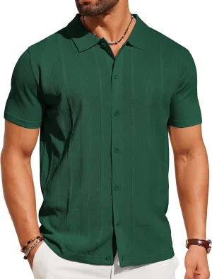 COOFANDY Mens Knit Shirt Short Sleeve Button Down Shirts Casual Summer Beach Vintage Polo Shirts
